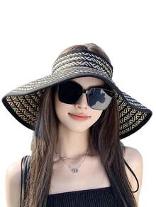 Mũ rộng vành gấp gọn dành cho nữ, mũ xô thoáng khí chống tia UV mùa hè mới, mũ chống nắng kẻ sọc bằng polyester kiểu dáng thường ngày. - mũ - Xem 10