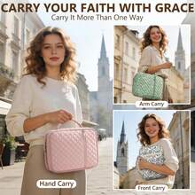 Bible Cover Case For Women Large Bible Bag, Bible Study Supplies Journaling Kit Quilted Church Bag With Handle, Puffer Carrying Case W/Tabs Accessories Easter Mothers Day Christian Gifts For Women Mom - 粉色 - 查看 9