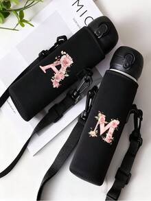 字母印花保温水瓶/水杯套，粉色玫瑰字母 A-Z 图案，可调节肩带 - 防滑套，适用于 1500ml 水瓶，适合健身、旅行，保温氯丁橡胶材质，适用于不锈钢、玻璃和塑料水瓶。 - 彩色 - 查看 4