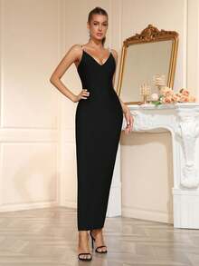 Neu eingetroffenes schwarzes figurbetontes Kleid mit Spaghettiträgern, tiefem V-Ausschnitt, rückenfrei und Perlendekor, elegantes Brautjungfernkleid für Hochzeit, Party, Urlaub - Schwarz - Übersicht 5