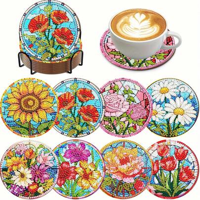 Bộ 8 đế lót ly tranh đính đá hình hoa tuyệt đẹp, bề mặt kim cương tròn sáng bóng, keo dán chắc chắn, kèm đầy đủ dụng cụ, dễ dàng cho người mới bắt đầu, đồ thủ công giúp giảm căng thẳng, quà tặng năm mới, ngày Valentine, Giáng sinh, ngày Nhà giáo, đồ trang trí nhà cửa, quà tặng cho gia đình, bạn bè, bạn gái, giáo viên.