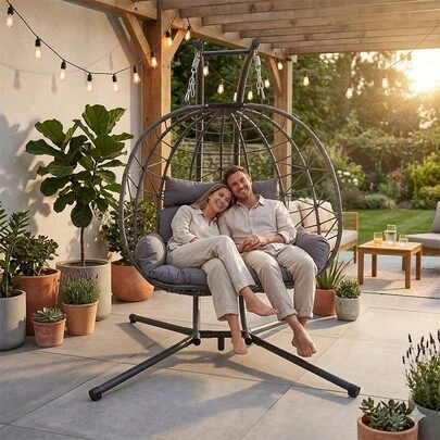Oversized Double Egg Swing Chair With Stand 2-Person Indoor Outdoor Hanging Hammock Chair Comfy Loveseat Cushioned Porch Swing 700lbs Capacity Dark Gray