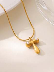 MECYLIFE 1件装时尚不锈钢26字母吊坠项链，镶嵌珍珠，女士项链 - 珍珠字母 - 查看 15