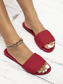 女士时尚平底凉鞋，春夏沙滩防滑可爱拖鞋，条纹平底凉鞋，优雅欧美风一脚蹬凉鞋 - 紅色 - 查看 5