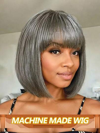 直发带刘海真人发假发，全机织波波头假发，灰色，150%密度，女士专用