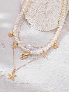 3件套波西米亚风多层叠戴项链套装，仿珍珠+金色海星贝壳吊坠，个性锁骨链，适合女士海滩度假佩戴 - 金色 - 查看 2