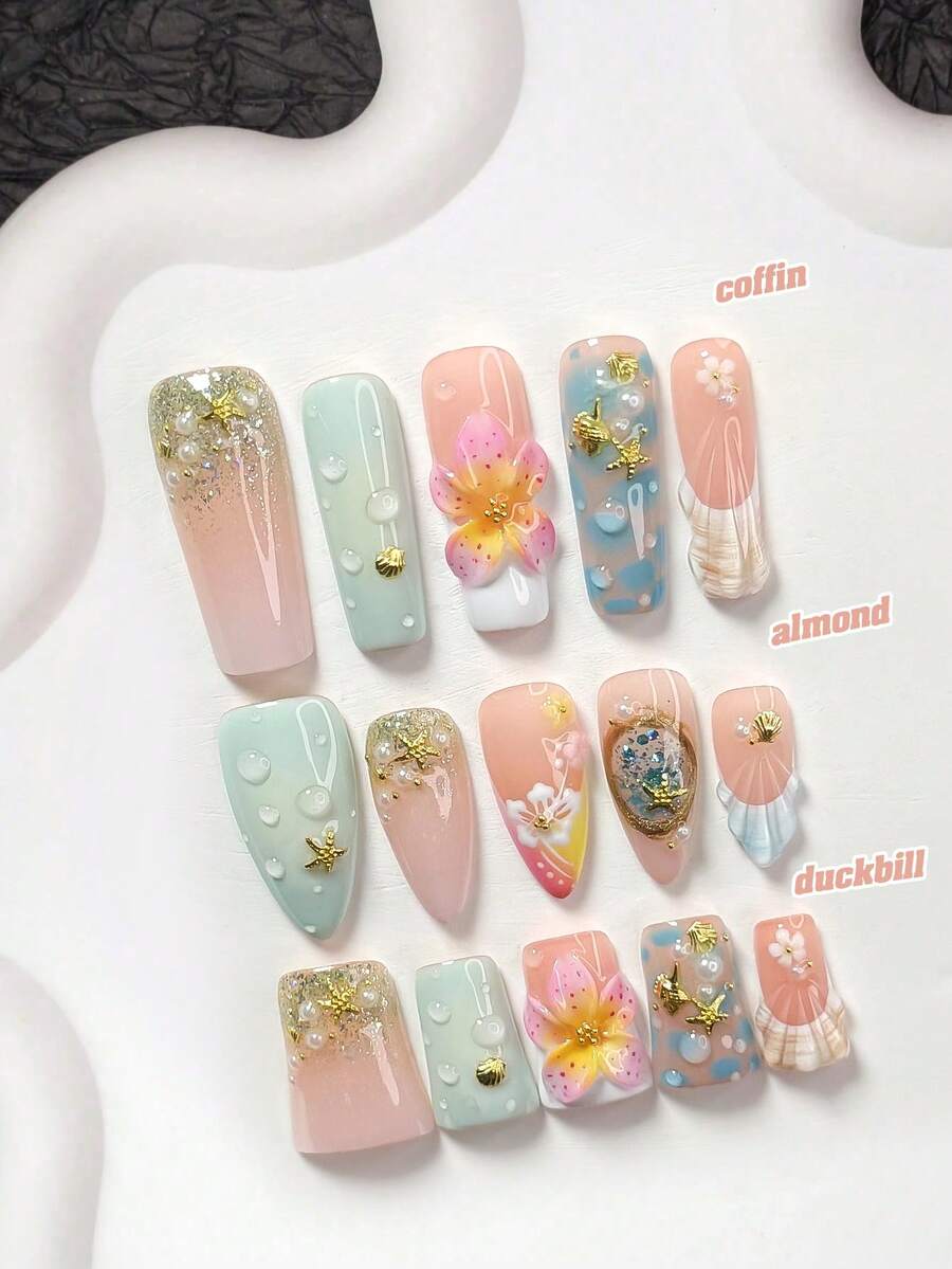 10pcs Dreamy Ocean Fairy Tale Style Nail Art Set, Acrylic Nail Stickers, Handmade 5-Petal Gradient Pink Flower Nail Decorations, Gold Seashells, Starfish, Scallops, White/Pink/Yellow 5-Petal Camellia, Hand-Painted Gold/Silver Beach, Blue Zebra Print, Brown Seashell Texture Decor, Solid Blue Wave Pattern Press On Nails - 彩色 - 查看 1