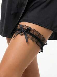 Black Lace Floral Bow Sexy Bridal Wedding Leg Chain - Black - View 15
