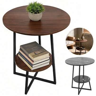 Mesa Redonda Pequeña 2 Niveles Con Estante De Almacenamiento, Mesita De Noche Y Mesa Auxiliar Para Sala De Estar Y Dormitorio, 2 Niveles Con Estante De Almacenamiento, Mesita De Noche Para Hogar