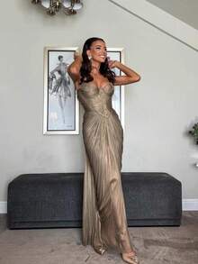 Women's Sexy Spaghetti Strap Bodycon Dress, Summer Draped Long Dress,Tie-Back Elegant Birthday Party Cocktail Gown Backless Waist Cinched High Slit Dress, Vacation Dress Wedding Spring Summer Dress - 金色 - 查看 2