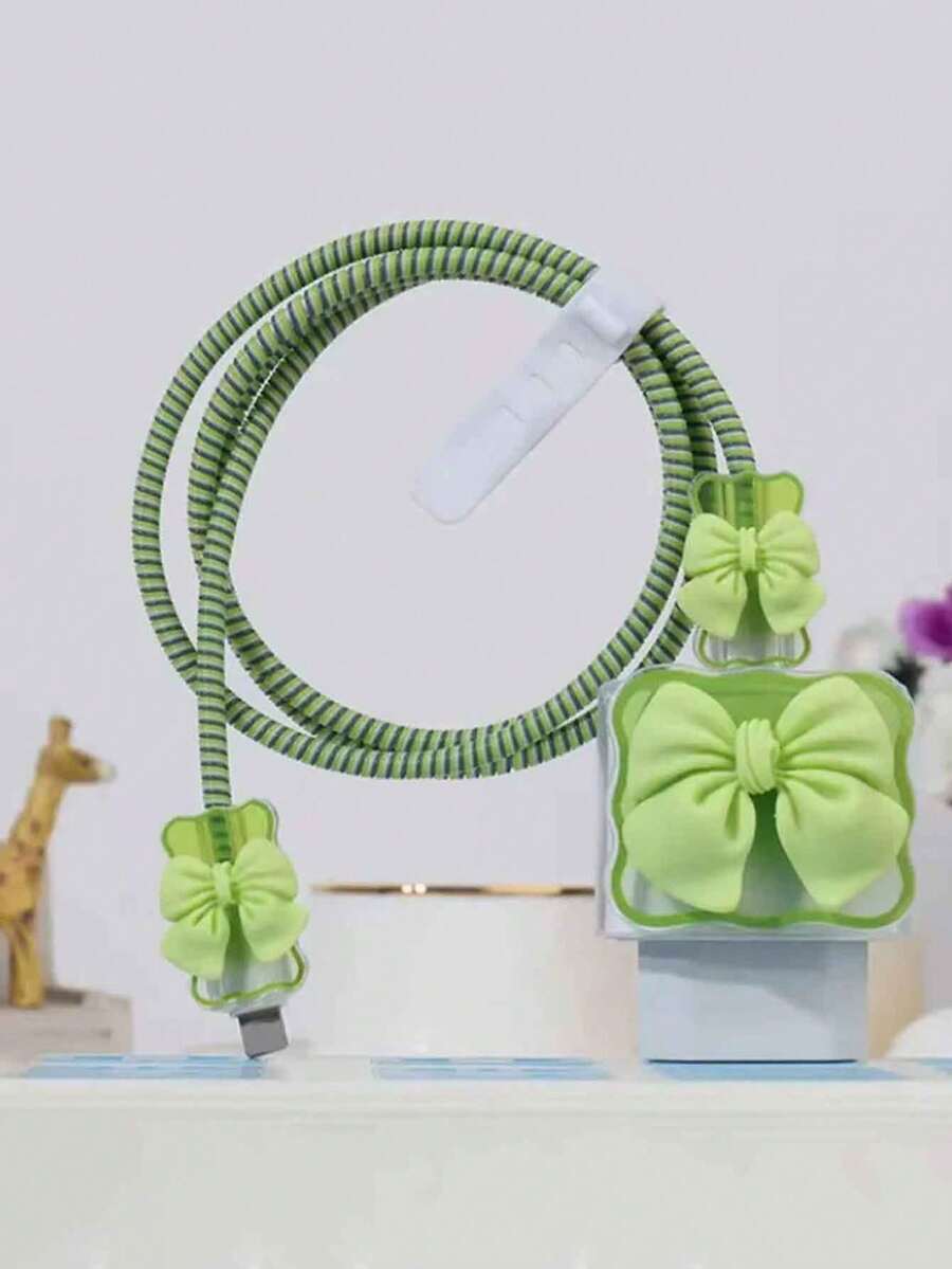 5个绿色蝴蝶结TPU充电器保护套，兼容苹果25W充电器，带欧标插头适配器盖 - 綠色 - 查看 1