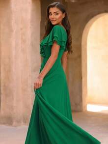 Smilprince Long Green Bridesmaid Dress, V-Neck, Ruffle Sleeve, Woven Fabric - Green - View 1