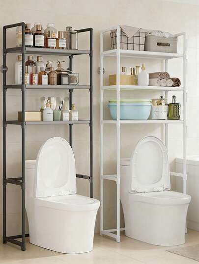 1pc 2-3 Tier Bathroom Shelf, Freestanding Toilet Storage Rack, Space-Saving Floor-Standing Shelves, Can Hold Towels & Toiletries, Reinforced Metal Frame With Non-Woven Fabric Shelves, Sturdy & Easy To Clean Bathroom Organizer
