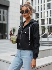 女士短連帽拉鍊外套、女士換季外套（附口袋和可調式按扣袖口）、女士輕便休閒短連帽外套、女士街頭風外套（附拉鍊和翻蓋口袋） - 黑色 - 查看 1