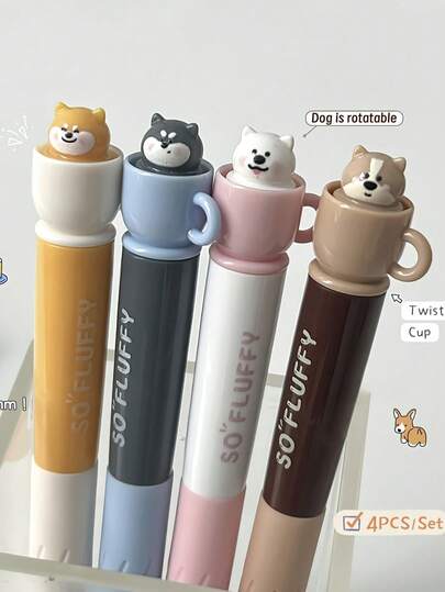 4pcs Cute Dog Gel Pens, 0.5mm Ballpoint Quick-Dry Black Ink, Twistable Cup Writing Pens With Adorable Dog Illustrations, Perfect For Office & School Supplies, Cat & Dog Pens, School Stationery, Playful Design, Smooth Writing