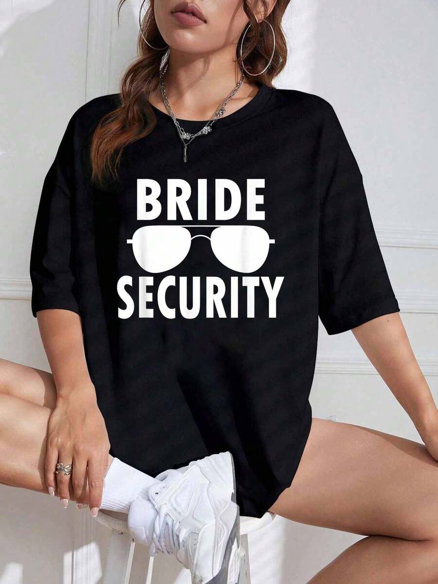 Camiseta Unisex 100% Algodón para Novia, con Estampado de Gafas de Sol de , para Boda y Despedida de Soltera, Camiseta de Manga Corta con Cuello Redondo para Hombre y Mujer - Negro - Ver 1
