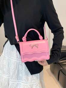 Fashion Solid Color Handbag, Casual Crease Flap Small Square Bag With Bowknot Metal Hardware Lock Closure, Tote Shoulder Crossbody Bag, Spring/Summer New - Pink - View 8