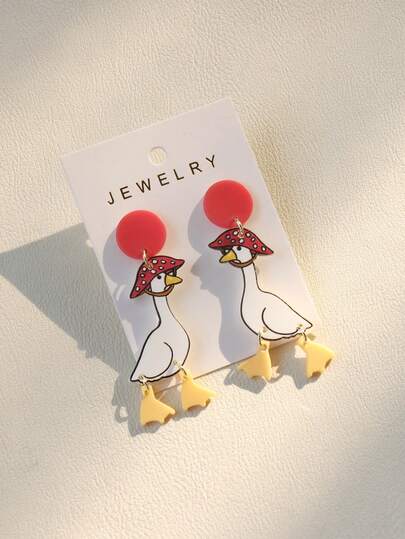 一对Y2K风格可爱亚克力鸭子戴红色蘑菇帽吊坠耳环，音乐节派对礼物