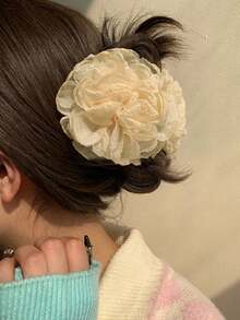1pc 10cm Solid Color Large Mesh Rose Flower Hair Clip, Sweet & Elegant For School, Party, Wedding, Vacation Outfits Summer Hair Accessories Beach Claw Clips Vacay Hair Claws,Holiday,Travel - Beige - View 6