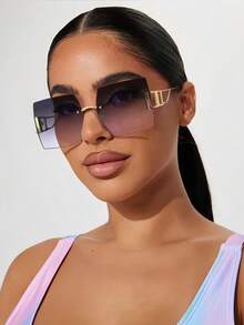 1 buc Ochelari de soare cu picior gol, cu margini supradimensionate din metal, stil stradal la modă pentru femei - Multicolor - Vizualizare 2
