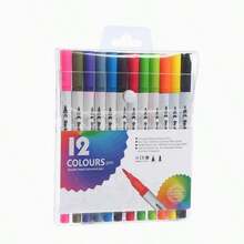 Set nou de pixuri colorate cu două capete, 1/12/24/36 de culori, inclusiv marker pentru acuarelă, cap de pensulă lavabil și pix cu cârlig cu două capete fine - un instrument de desen profesional potrivit pentru pictură, caligrafie, creație artistică și design de fonturi. - Multicolor - Vizualizare 12