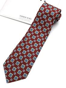 1pc Burgundy Square Print Handmade Necktie, Suitable For Casual, Street, Party, Gift - Multicolor - View 3