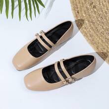 New French Breeze Flat Mary Jane Shoes, Square Toe Slip-On With Double Straps For Women - Beige - View 8