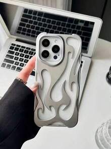Metallic Phone New Fashion Silver Matte Spray Oil Cool Hollow Flame Pattern Shockproof TPU Protective Phone Cover Compatible With Iphone11/12/13/14/15/16/17 PROMAX - Silver - View 2