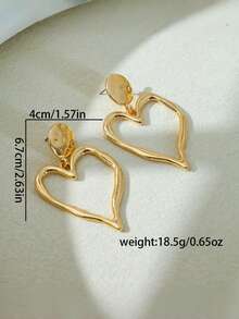 1Pair Golden Big Heart Shaped Dangle Earrings For Women Everywear - Gold - View 2