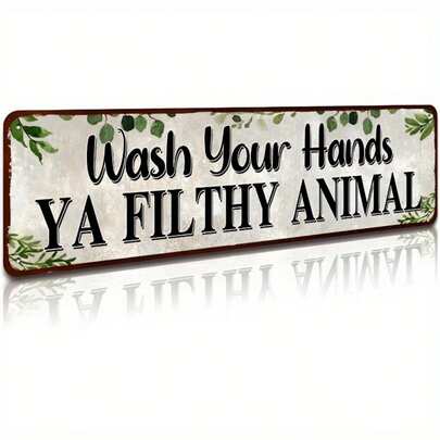 1pc Funny "Wash Your Hands, You Filthy Animal" Metal Wall Sign - Vintage Green Plant Design, Rustic Bathroom And Kitchen Decor Plaque (4"X 16")