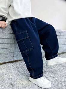 Quần jean denim ống đứng thời trang thường ngày dành cho bé trai tuổi teen - Xanh đậm - Xem 1