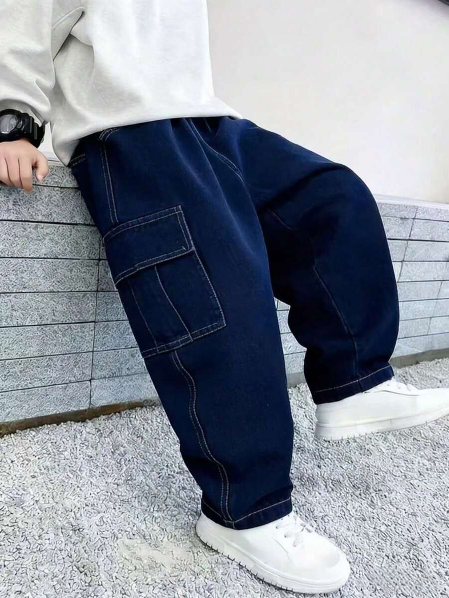 Quần jean denim ống đứng thời trang thường ngày dành cho bé trai tuổi teen - Xanh đậm - Xem 1