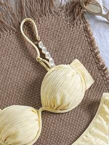 Bikinx 2026 Summer 3pcs Women's Textured Spaghetti Strap Cute Bikini Underwire Set With Cover-Up Fairy Skirt For Beach Vocation - Light Yellow - View 4