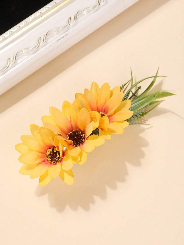1pc New Fashion Accessory Simulated Sunflower Hairpin Comb, Sunflower Hair Clip Comb, Pastoral Style Hair Accessory, Bridal Wedding Ceremony - Yellow - View 3