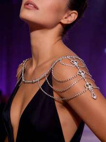 1件新款新娘婚礼流苏肩链，欧美时尚晚宴表演水晶身体链 - 銀色 - 查看 1