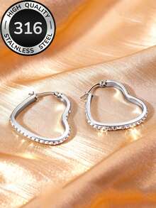 Light Luxury Exquisite Diamond-Encrusted Heart Hoop Earrings, Dazzling And Elegant Design, 316 Stainless Steel Jewelry, Lightweight Eye-Catching Accessories, Suitable For Women's High-Quality Low-Fading Minimalist Earrings For Commuting, Available In Gold And Silver, Perfect For Parties And Daily Wear, Ideal Gift Choice - Heart-shaped - View 6