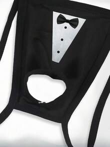 Tanga sexy de hombre con estampado de moño negro cómodo y estampado erótico calado - Negro - Ver 3