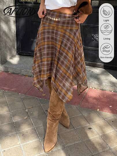 Aflion Women's New Spring/Summer Brown & Yellow Plaid Print Elastic Waist Asymmetric Hem Midi Skirt - Vintage Casual Dress Suitable For Dates, Parties, Daily Casual, College Style, Vacation, Music Festivals And Weekend Outings