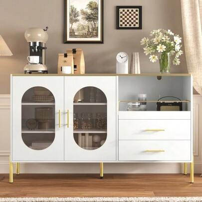 Eleganter Sideboard-Schrank Mit 2 Schubladen & 2 Glasturen – Moderne Kommode In Weiß Mit Goldakzenten – Viel Stauraum – Für Wohnzimmer, Esszimmer, Flur