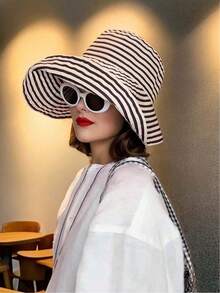 Women's Retro Striped Wide Brim Bucket Hat, Foldable Multi-Functional Casual Outdoor Sun Protection Hat, Suitable For All Seasons - Multicolor - View 6
