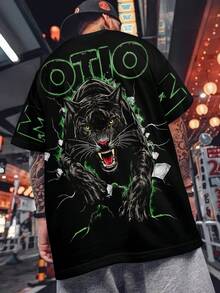 Áo thun nam dáng rộng phong cách tối màu với chữ OTIO và họa tiết in nứt màu xanh neon. - Nhiều màu - Xem 4