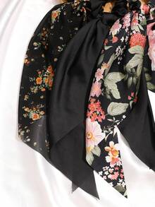 3 piezas Pañuelo triangular ligero con estampado floral y de unicolor, accesorios para el cabello, estilo bohemio casual, vintage, estilo palaciego, fiesta, moda callejera linda, hecho de poliéster, adecuado para todas las estaciones, sujetadores de coleta, scrunchies elásticos para el cabello - Negro - Ver 4