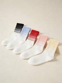 1/3/5 Pairs Random Color Women Gradient Striped Mid-Calf Socks, Ribbed Seamless Cuff Non-Slip Sports Socks - Multicolor - View 6