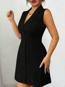 Women's Elegant, Slim-Fitting, Sleeveless Polo Collar A-Line Dress With A Cutout Back And Bow Detail. Wedding Black - Black - View 6