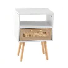 Rattan Side Table With Drawer And Solid Wood Legs, Modern Bedside Table, Side Table For Living Room, Bedroom, White - H55/W40/D30 Cm - White - View 9