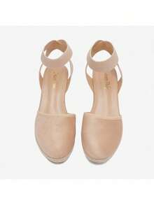 Sandalias de cuña de esparto de 5,5 cm para mujer, con punta cerrada y correa elástica en el tobillo, para vacaciones, ir al trabajo y verano - Albaricoque - Ver 6