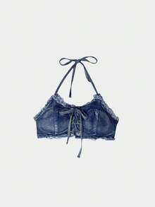 女士性感牛仔比基尼套装 - 高腰丁字裤和系带上衣，夏季沙滩泳装 - 藍色 - 查看 2