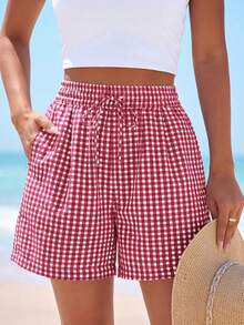 Women's Boxer Shorts Summer Dopamine Casual Home Sleeping Plaid Pj Button Front Y2K Plaid Pajama Shorts - 紅色格子色 - 查看 1