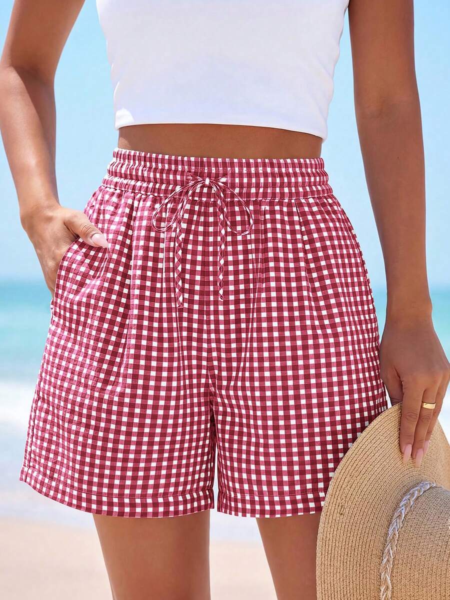 Women's Boxer Shorts Summer Dopamine Casual Home Sleeping Plaid Pj Button Front Y2K Plaid Pajama Shorts - 紅色格子色 - 查看 1