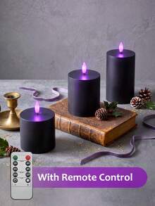 3pcs Flameless Candle Lights With Timer Remote Control, Battery Operated Black Purple Light, Suitable For Christmas, Halloween, Valentine's Day, Mother's Day, Gift, Birthday, Dining Table, Party, Holiday - Black - Purple Light Edition - View 2